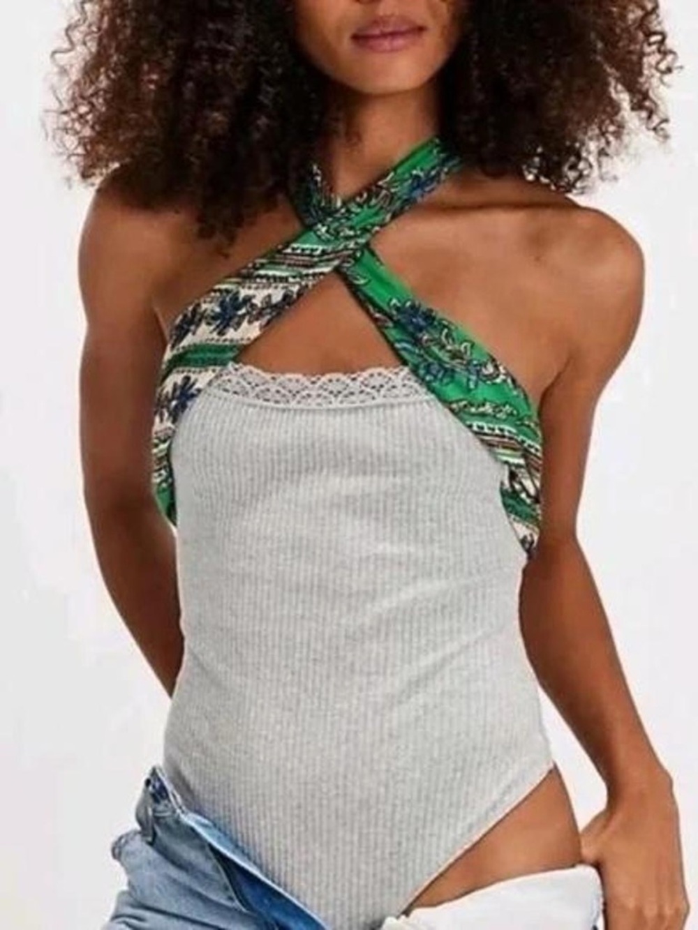Free People Green Patterned Halter Ribbed Bodysuit - Green Size M